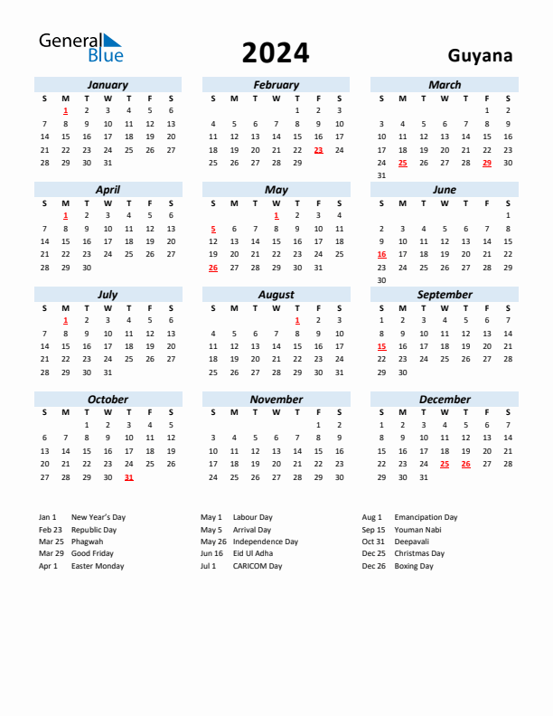 2024 Calendar for Guyana with Holidays