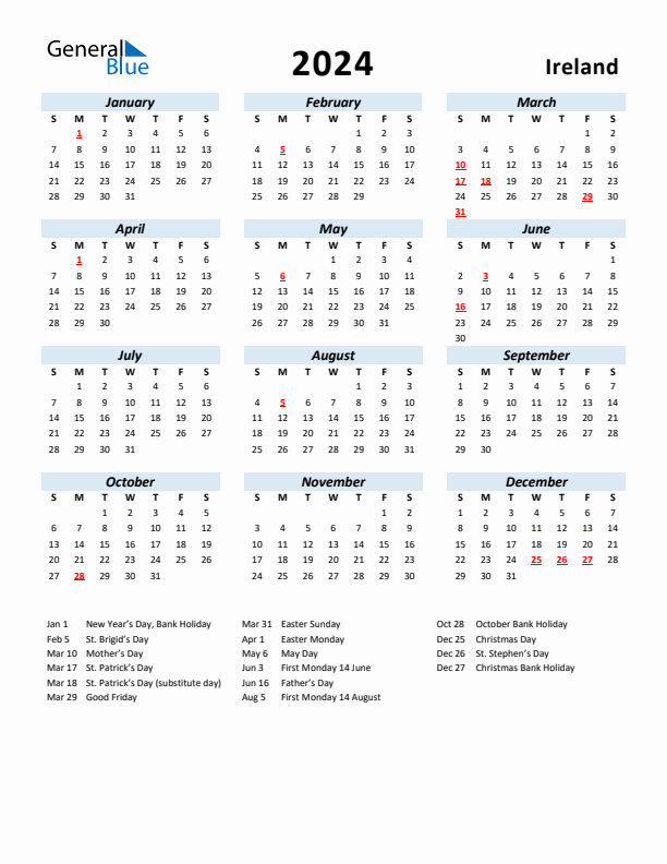 2024 Calendar for Ireland with Holidays