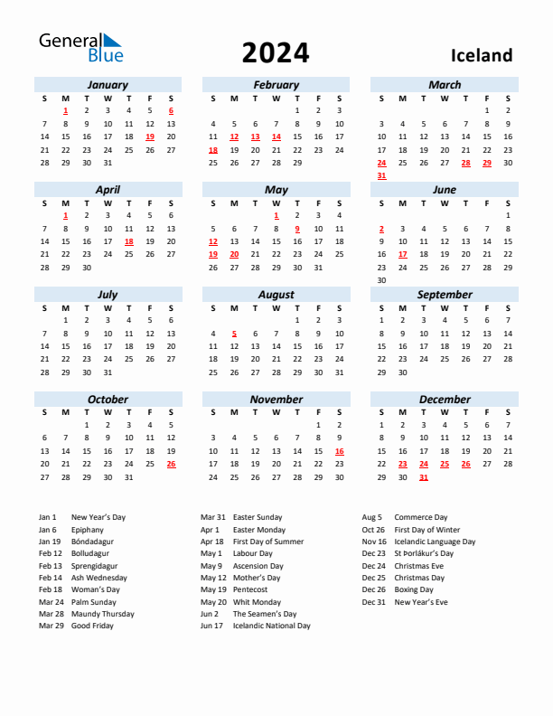 2024 Calendar for Iceland with Holidays