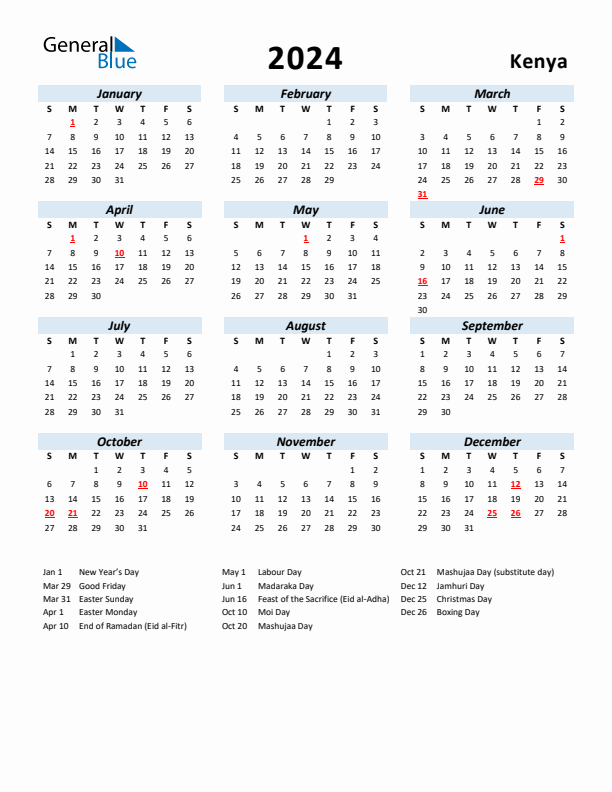 2024 Calendar for Kenya with Holidays