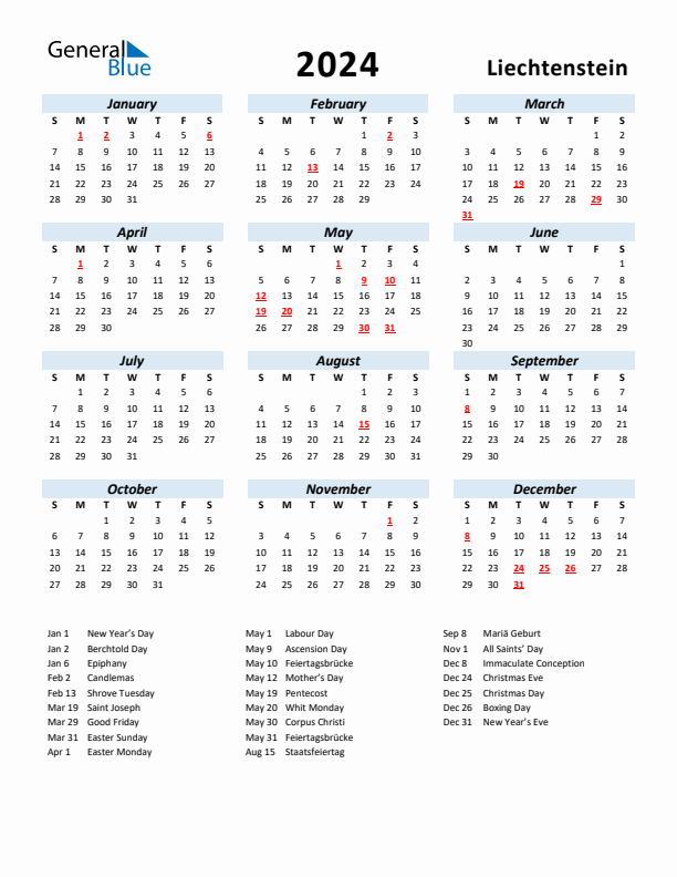 2024 Calendar for Liechtenstein with Holidays