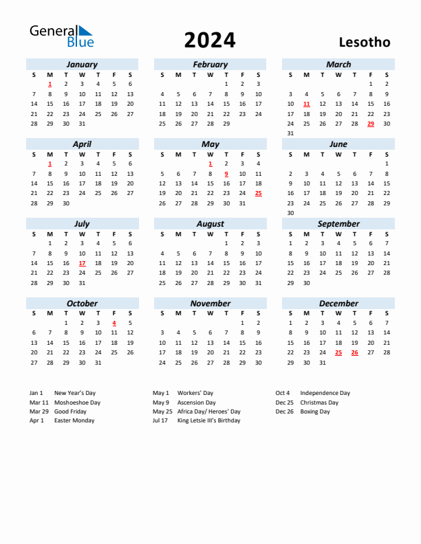 2024 Calendar for Lesotho with Holidays