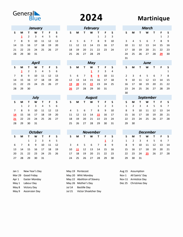 2024 Calendar for Martinique with Holidays