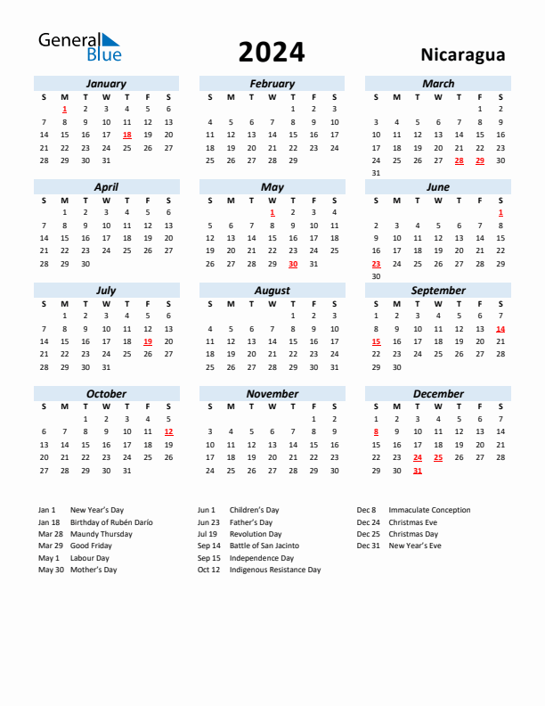 2024 Calendar for Nicaragua with Holidays