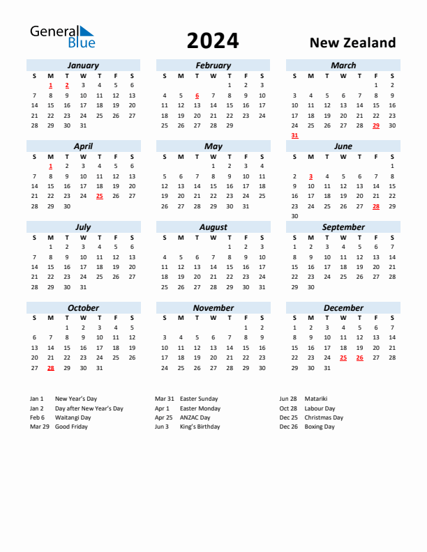 2024 Calendar for New Zealand with Holidays