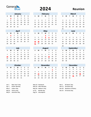 Reunion current year calendar 2024 with holidays