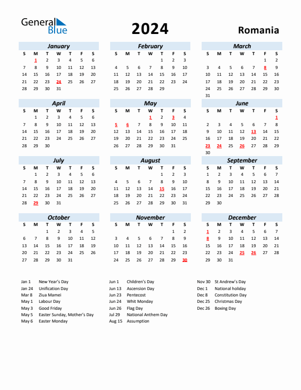 2024 Calendar for Romania with Holidays