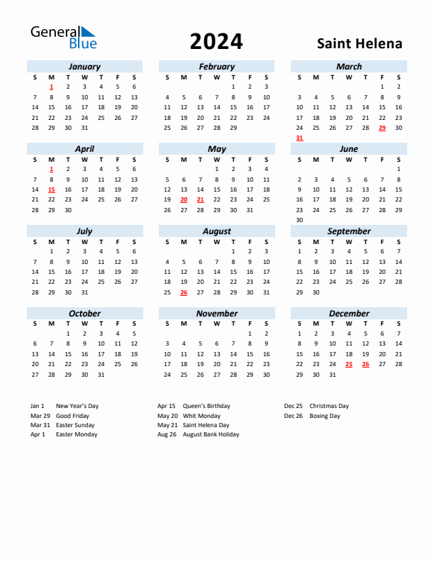 2024 Calendar for Saint Helena with Holidays