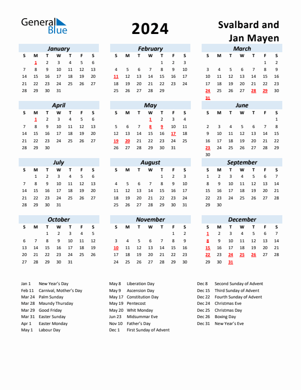 2024 Calendar for Svalbard and Jan Mayen with Holidays