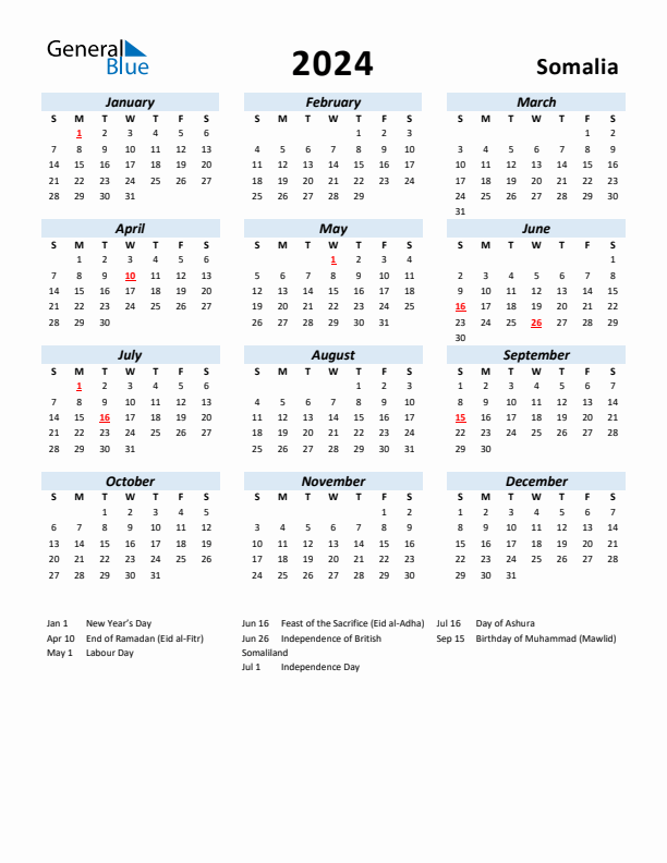 2024 Calendar for Somalia with Holidays