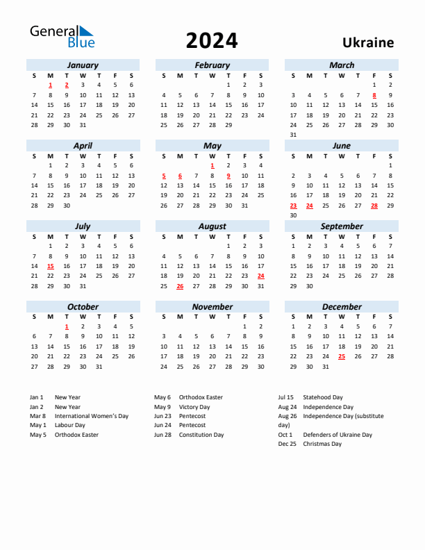 2024 Calendar for Ukraine with Holidays