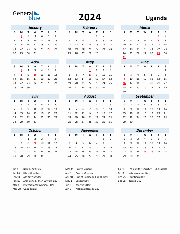 2024 Calendar for Uganda with Holidays