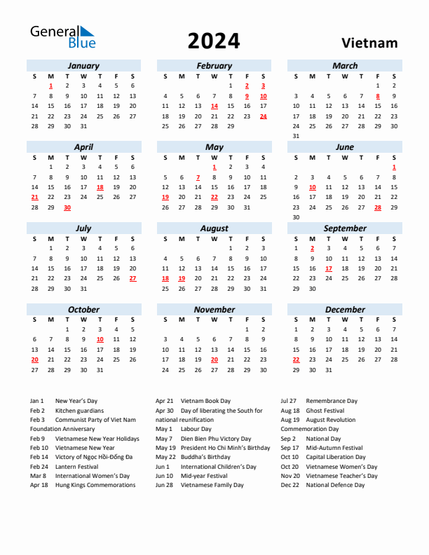 2024 Calendar for Vietnam with Holidays