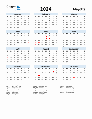 Mayotte current year calendar 2024 with holidays