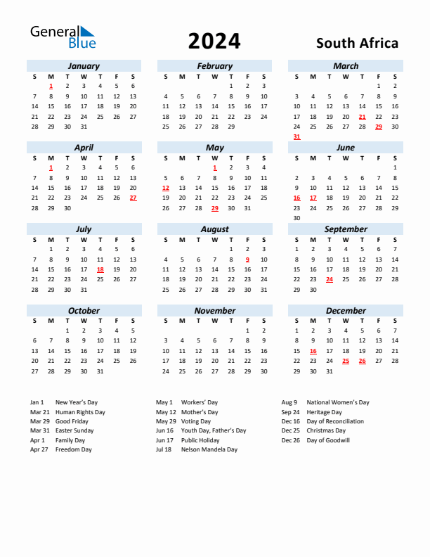 2024 Calendar for South Africa with Holidays