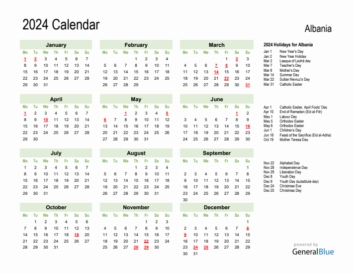 Holiday Calendar 2024 for Albania (Monday Start)