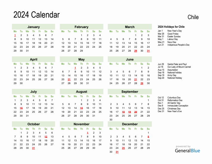 Holiday Calendar 2024 for Chile (Monday Start)