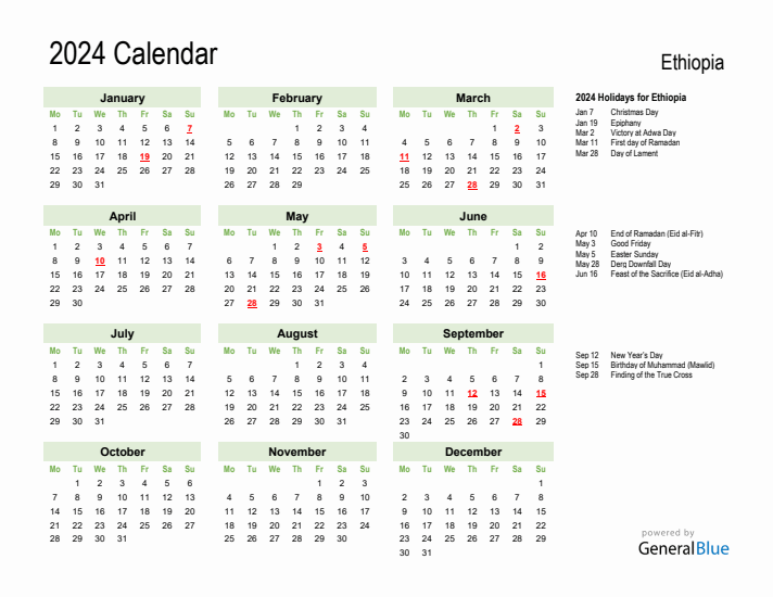 Holiday Calendar 2024 for Ethiopia (Monday Start)