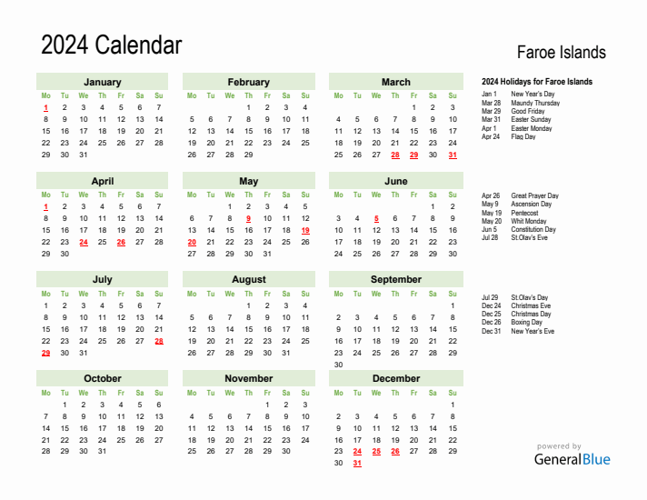 Holiday Calendar 2024 for Faroe Islands (Monday Start)