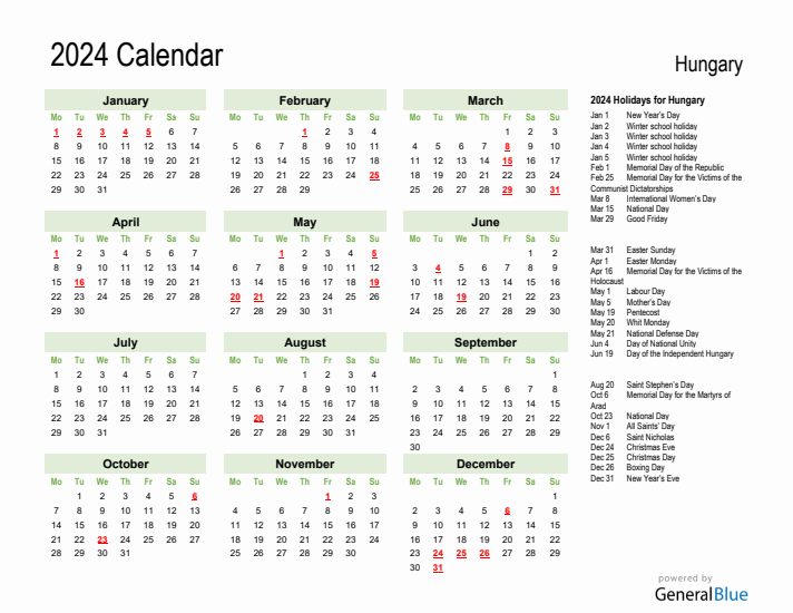 Holiday Calendar 2024 for Hungary (Monday Start)