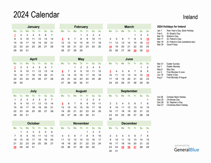 Holiday Calendar 2024 for Ireland (Monday Start)