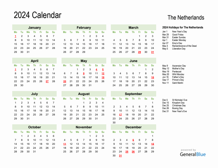 Holiday Calendar 2024 for The Netherlands (Monday Start)