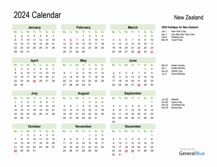 Holiday Calendar 2024 for New Zealand (Monday Start)