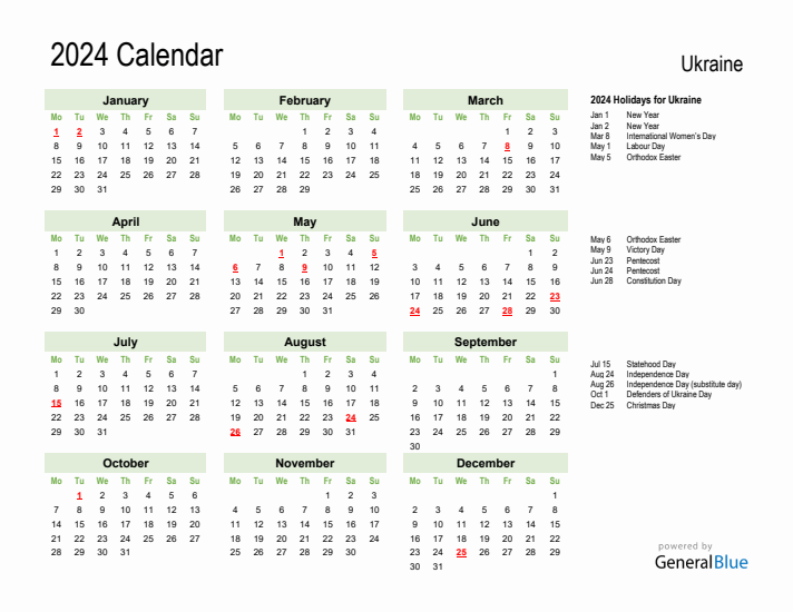 Holiday Calendar 2024 for Ukraine (Monday Start)