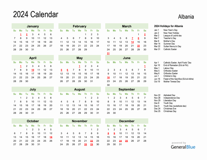 Holiday Calendar 2024 for Albania (Sunday Start)