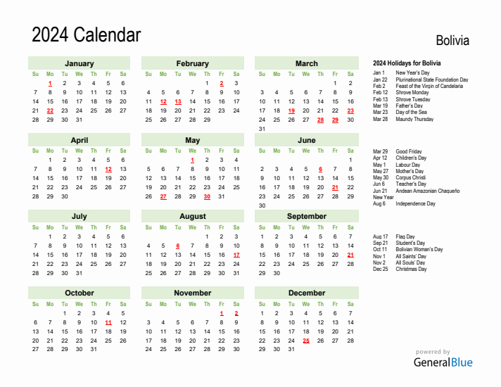 Holiday Calendar 2024 for Bolivia (Sunday Start)