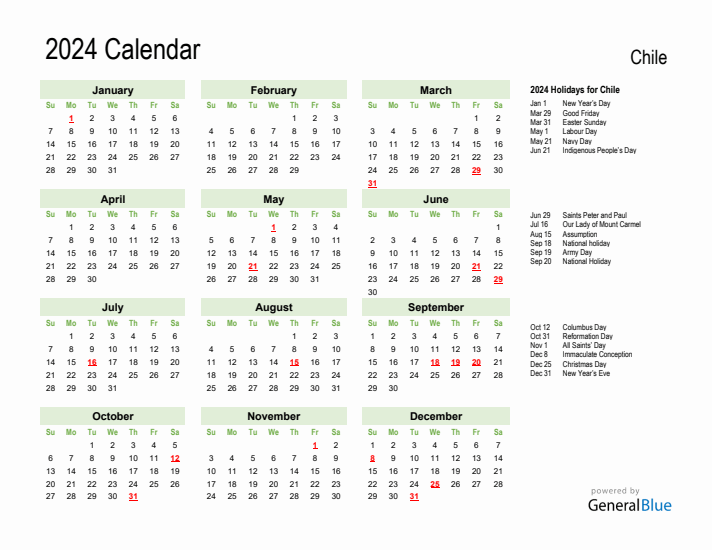 Holiday Calendar 2024 for Chile (Sunday Start)