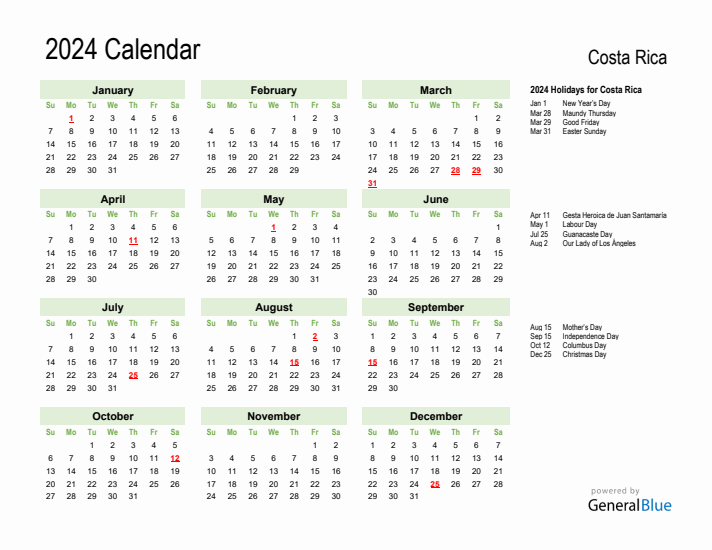 Holiday Calendar 2024 for Costa Rica (Sunday Start)