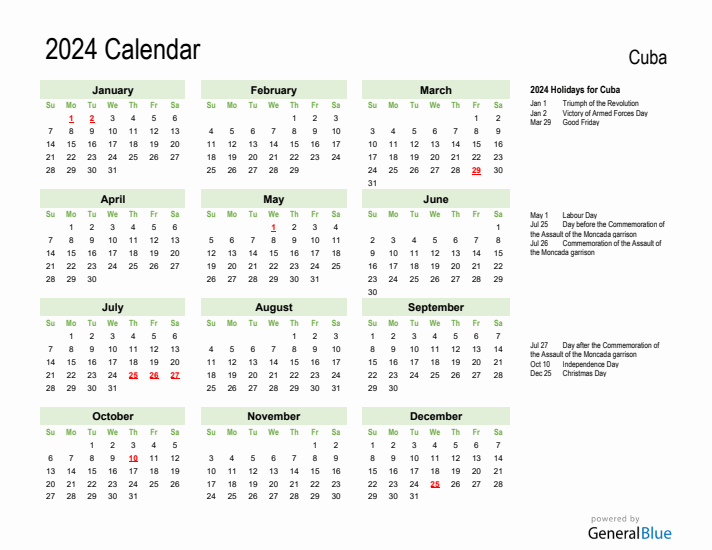 Holiday Calendar 2024 for Cuba (Sunday Start)