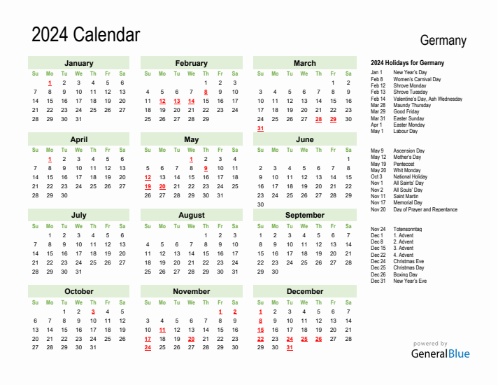 Holiday Calendar 2024 for Germany (Sunday Start)