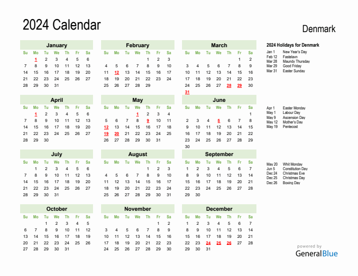 Holiday Calendar 2024 for Denmark (Sunday Start)