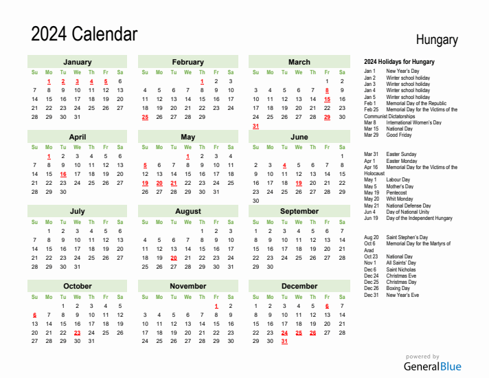 Holiday Calendar 2024 for Hungary (Sunday Start)