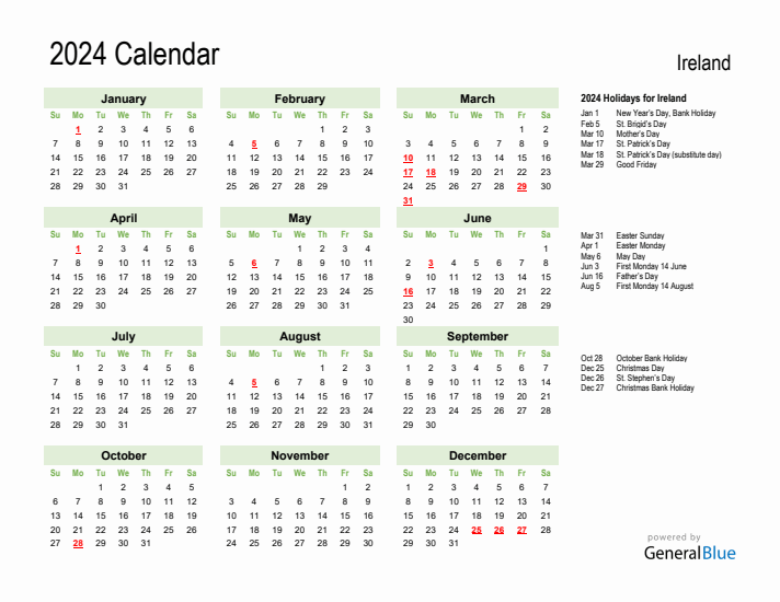 Holiday Calendar 2024 for Ireland (Sunday Start)