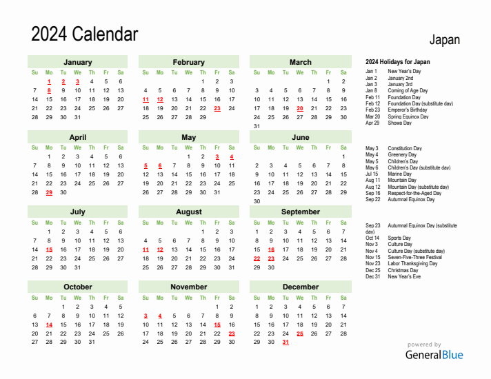 Holiday Calendar 2024 for Japan (Sunday Start)