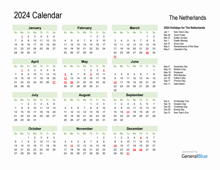 Holiday Calendar 2024 for The Netherlands (Sunday Start)