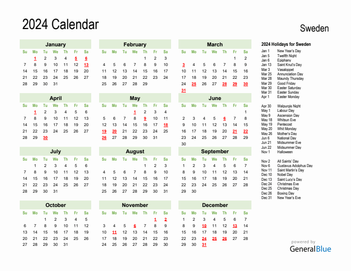 Holiday Calendar 2024 for Sweden (Sunday Start)