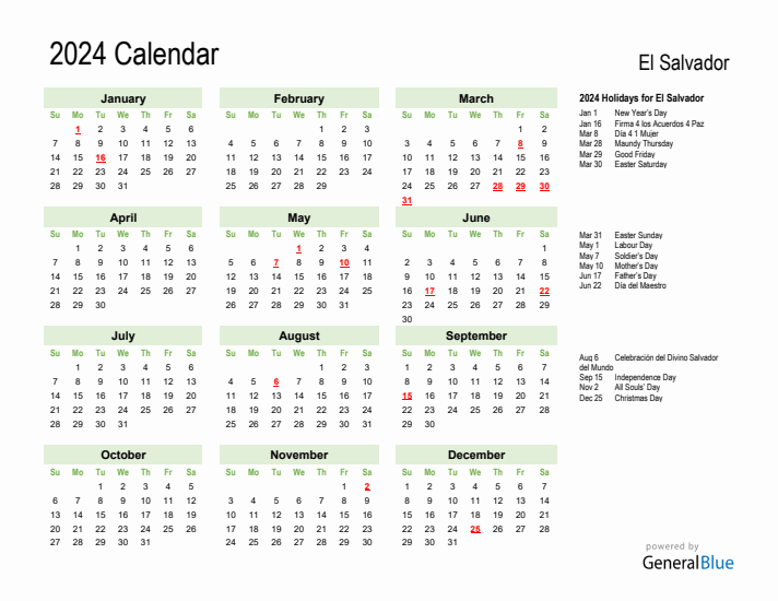 Holiday Calendar 2024 for El Salvador (Sunday Start)