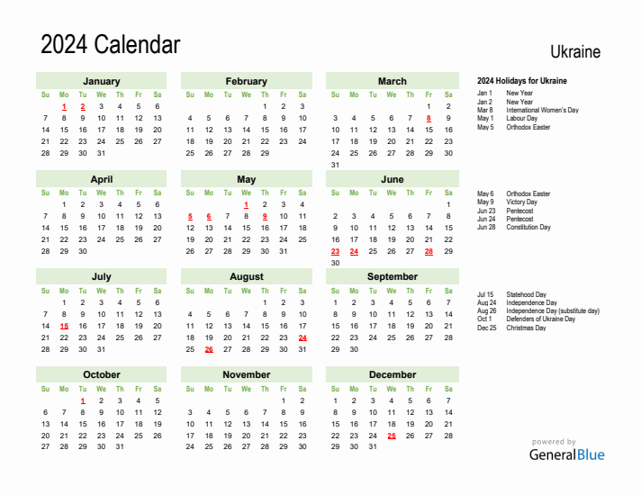 Holiday Calendar 2024 for Ukraine (Sunday Start)