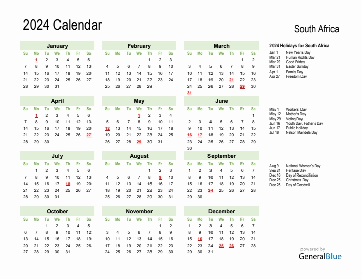 Holiday Calendar 2024 for South Africa (Sunday Start)