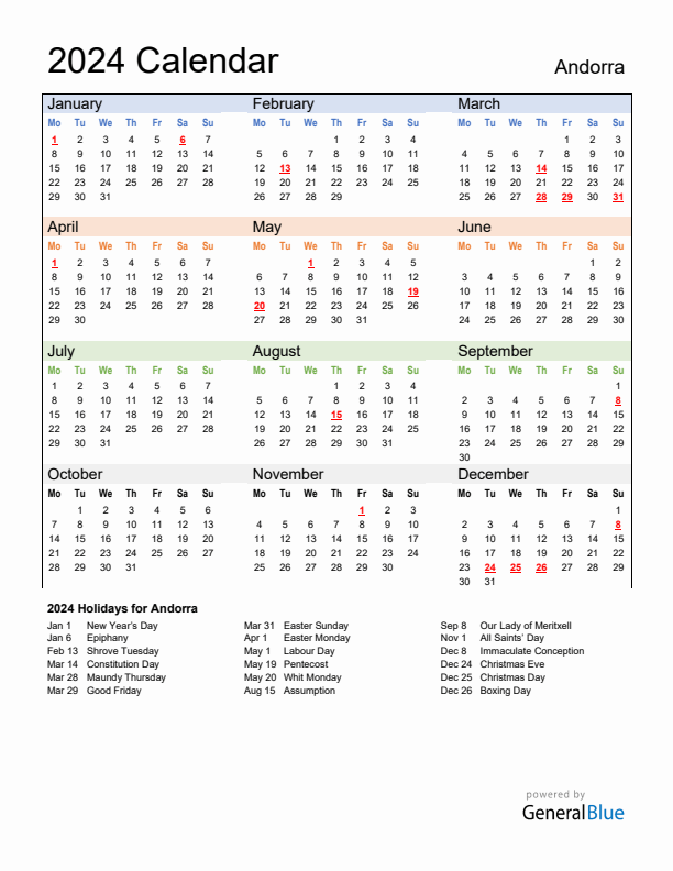 Calendar 2024 with Andorra Holidays