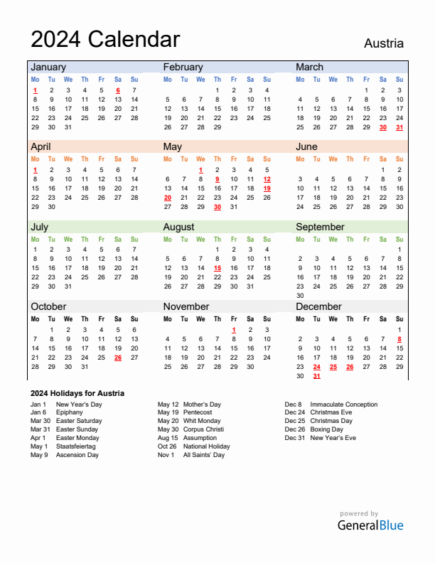 Calendar 2024 with Austria Holidays