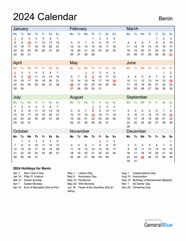 Calendar 2024 with Benin Holidays