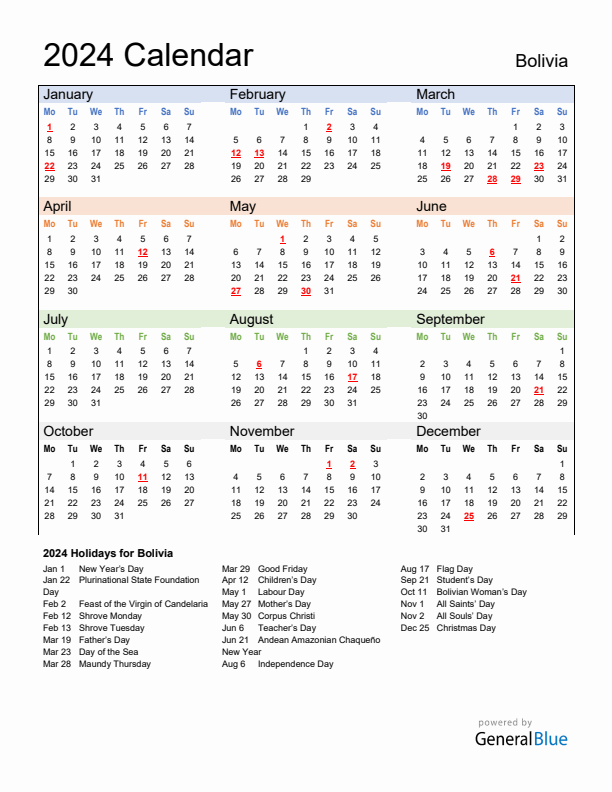 Calendar 2024 with Bolivia Holidays