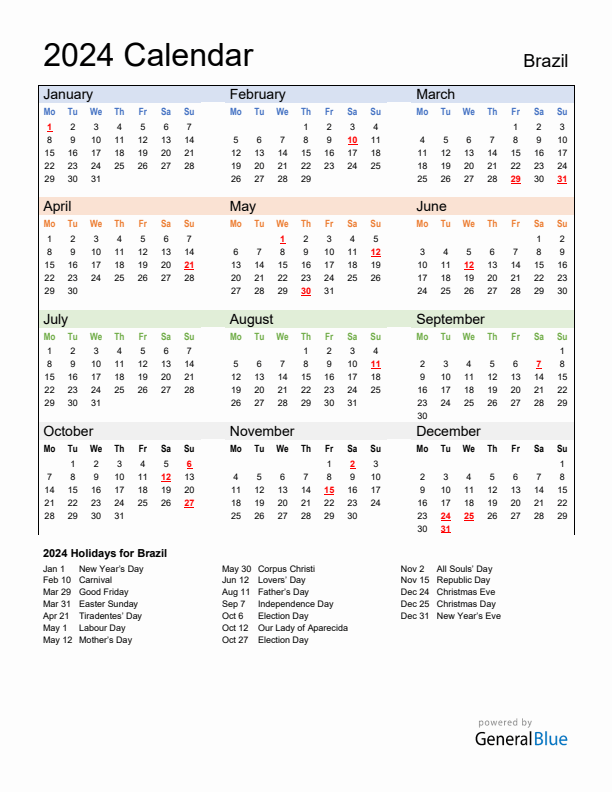 Calendar 2024 with Brazil Holidays