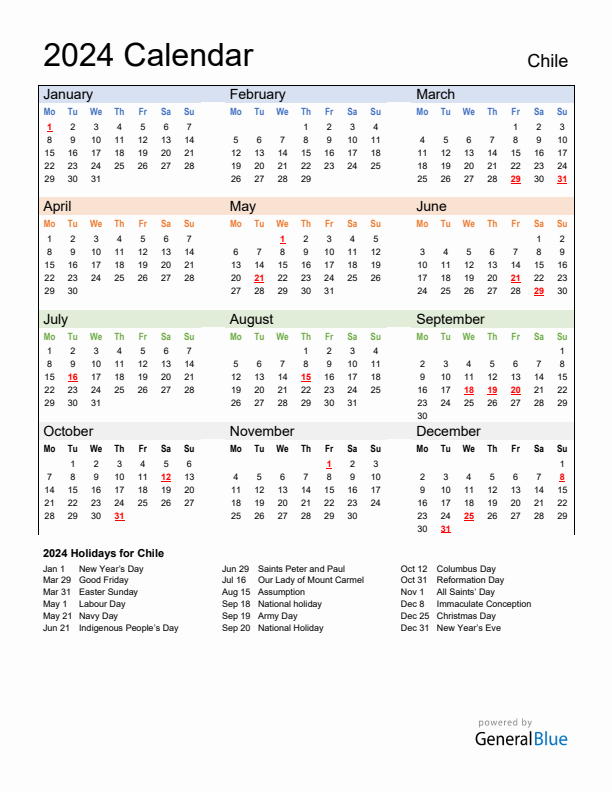 Calendar 2024 with Chile Holidays