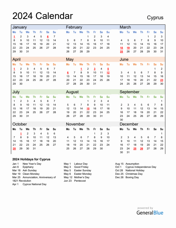 Calendar 2024 with Cyprus Holidays